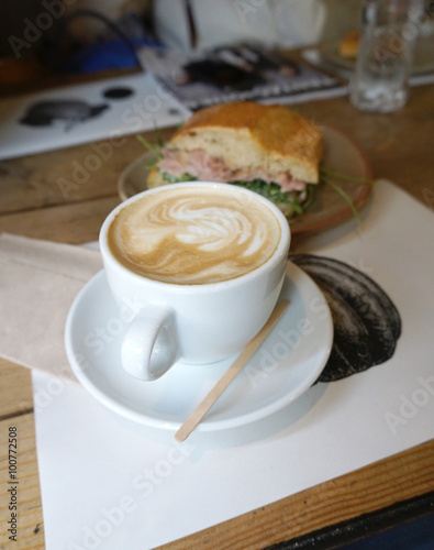 hot coffee latte with sandwiches