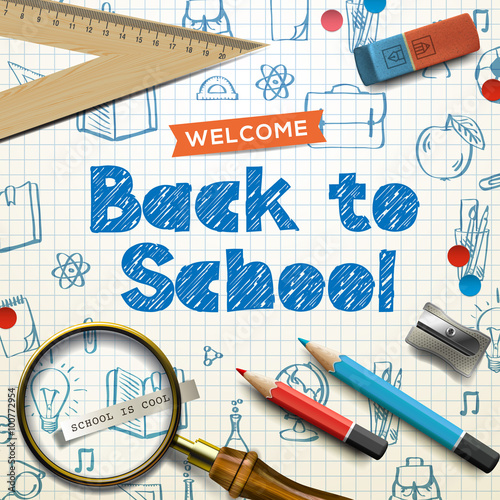 Welcome back to school, supplies, squared paper sheet texture, doodle background, vector illustration.