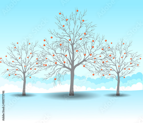 Holiday winter christmas landscape background with tree