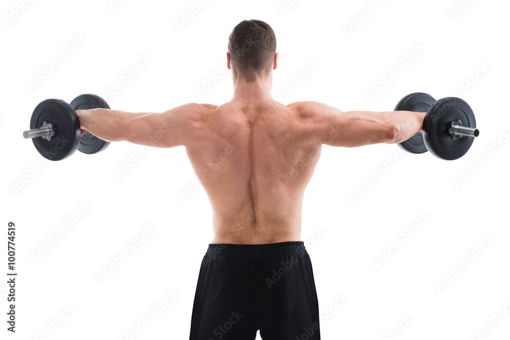 Rear View Of Muscular Man Lifting Dumbbells Rear View Of Muscular Man Lifting Dumbbells