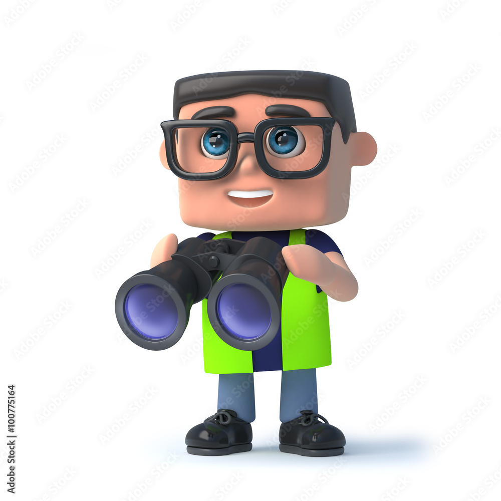 3d Health and safety officer looks through binoculars 3d Health and safety officer looks through binoculars