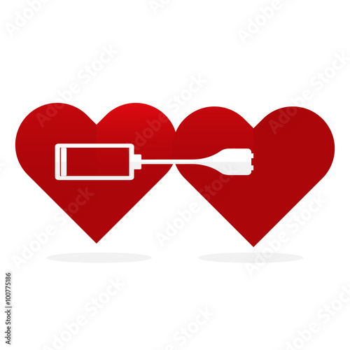 Flat design  two red hearts wth battery charger.  Love power connect.