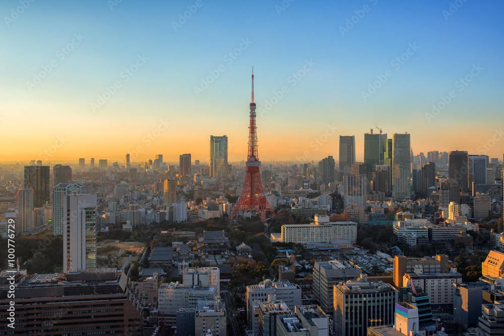 Obraz premium Widok na miasto Jokohama o zachodzie słońca w Japonii