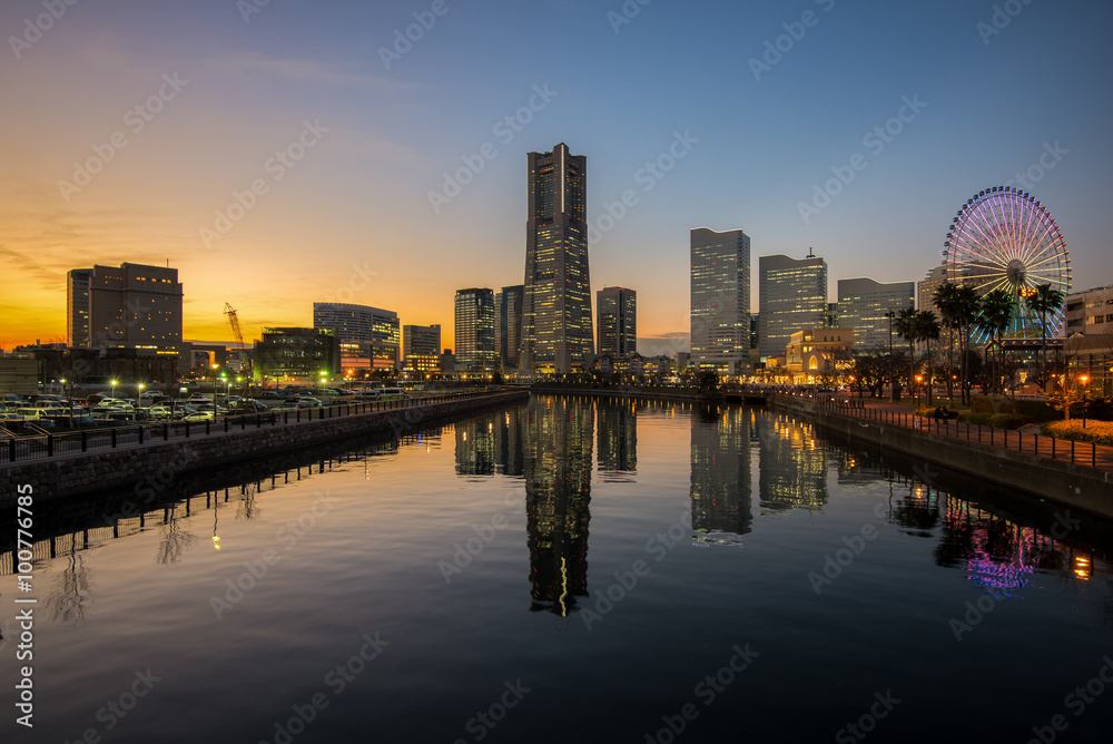 View of Yokohama city at sunset in Japan
