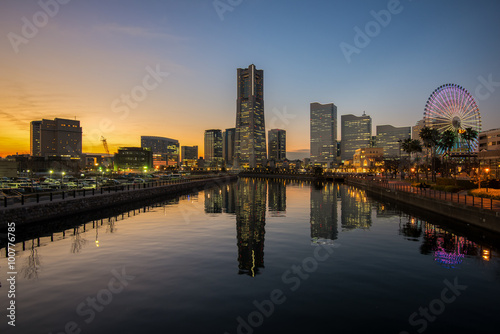 View of Yokohama city at sunset in Japan 