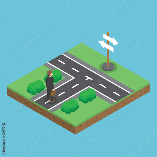 Isometric businessman standing in front of crossroad