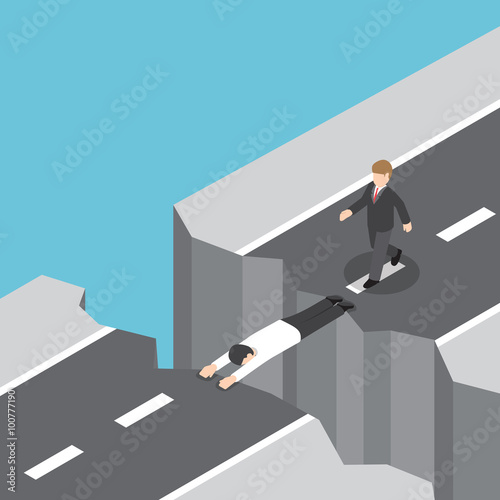 Businessman use himself as a bridge to pass a gap on the mountai