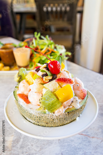 Diet and healthy fruit salad in the melon bowl