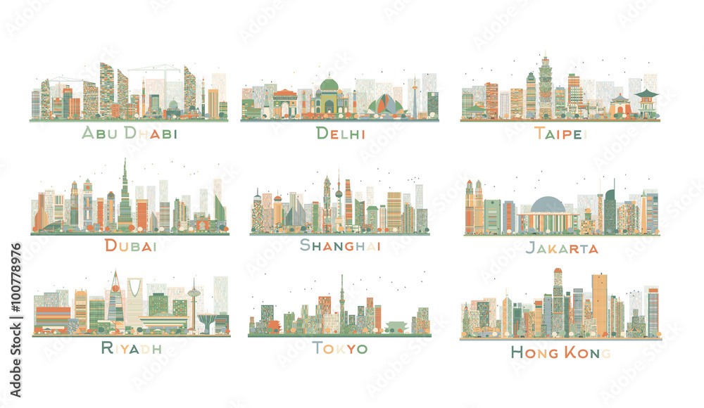 Set of 9 Abstract City Skyline. Vector Illustration. Some elements have transparency mode different from normal.