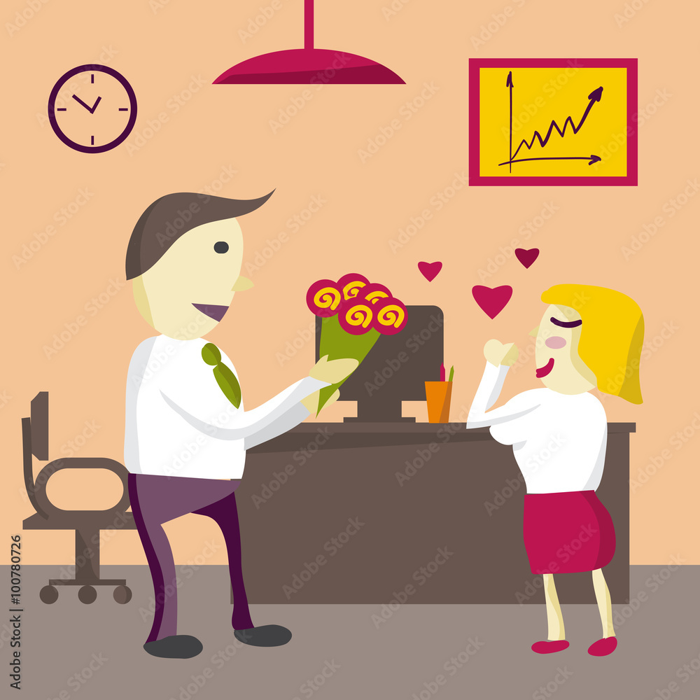 Love in office. Man Manager gives flowers woman in the office on