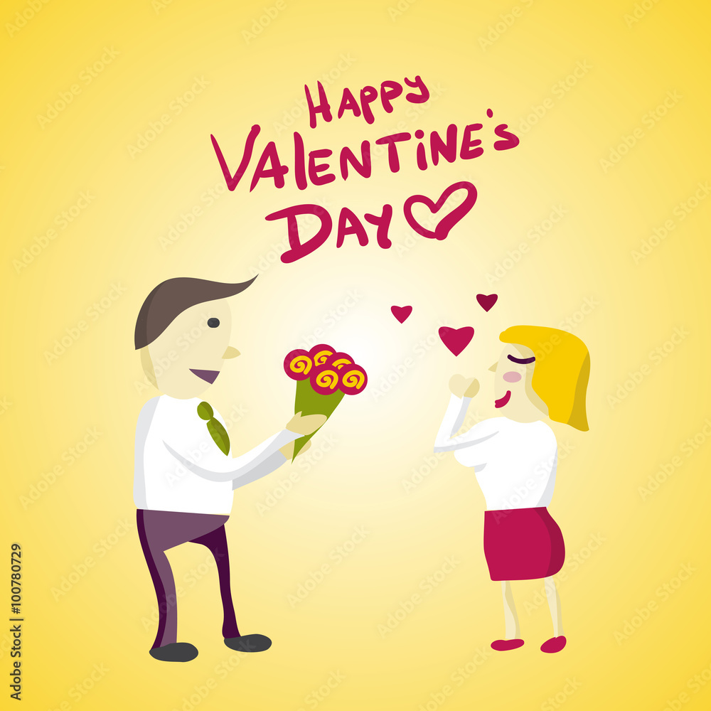 Man Manager gives flowers woman on Valentine's Day. Flat isolate