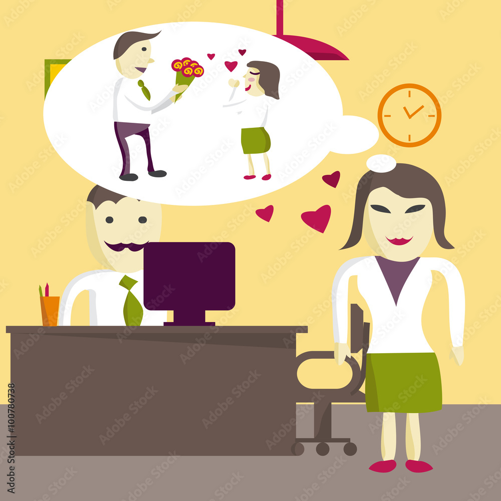 Love in office. Woman manager wants to receive a gift of a bouqu