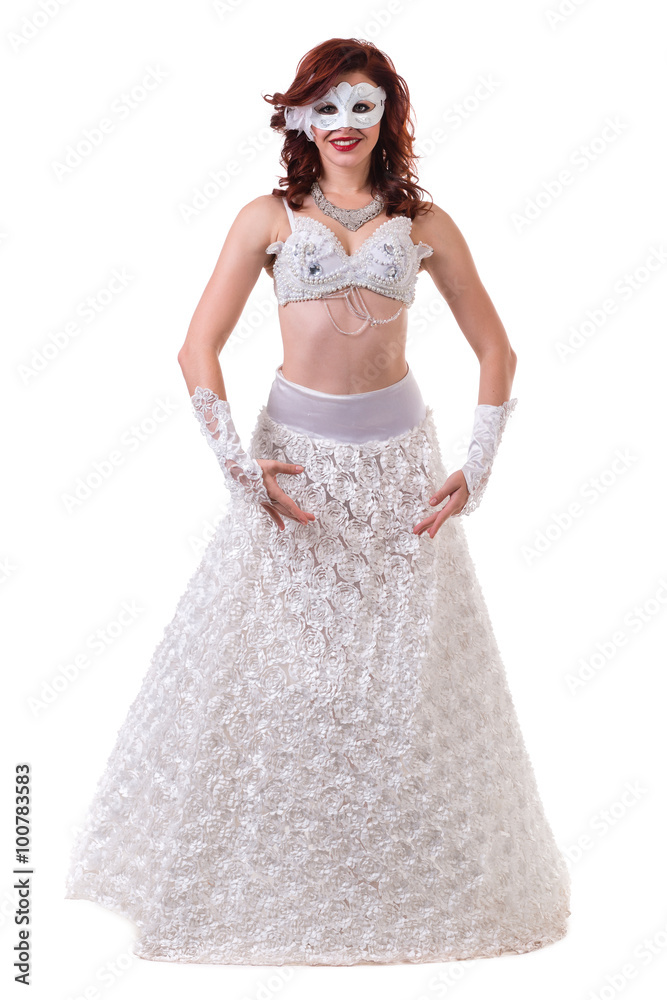 Carnival dancer girl wearing a mask dancing, isolated on white Carnival dancer girl wearing a mask dancing, isolated on white