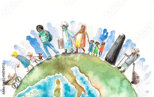 Illustration of people different nationalities going on a Earth.Picture created with watercolors