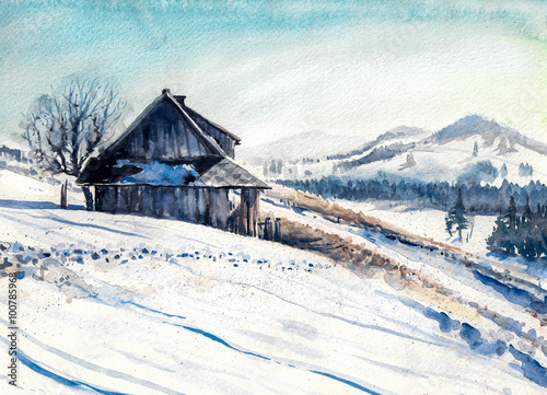 Winter landscape with small house in mountains watercolor painted.