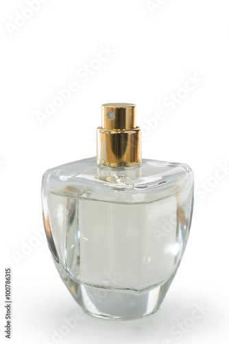 Glass perfume bottle on white background