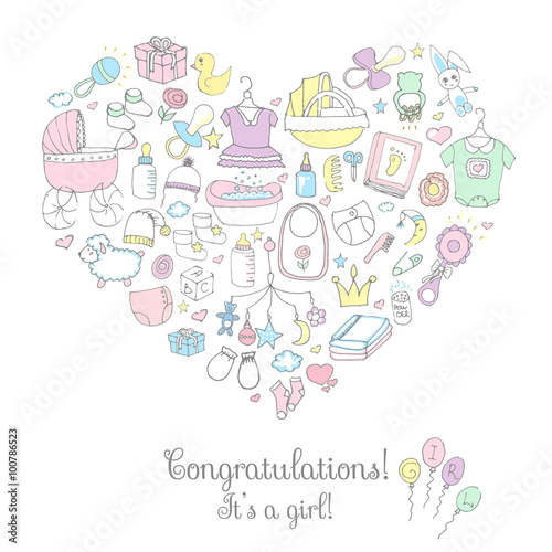 Set of baby shower design vector illustration icons, hand drawn baby care elements, it's a baby girl design icons, children's girl clothing, toy, bib, nappy, carriage, socks, bottle, baby foot print