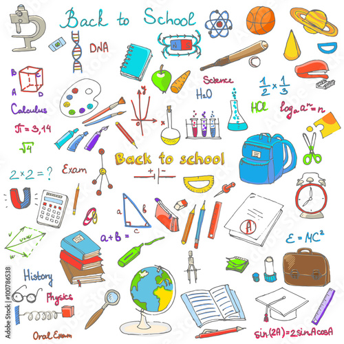 Freehand drawing school items, Back to School. Hand drawing set of school supplies sketchy doodles vector illustration, doodles, science, physics, calculus, oral exam, history, biology