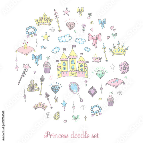 Hand-Drawn Vintage Princess Girl Set, Doodle Design Elements, Sketchy Fairy Tale Princess Tiara Crown Notebook, Vector Illustration, for design and scrapbook, castle, diamond, fairy mirror, magic wand