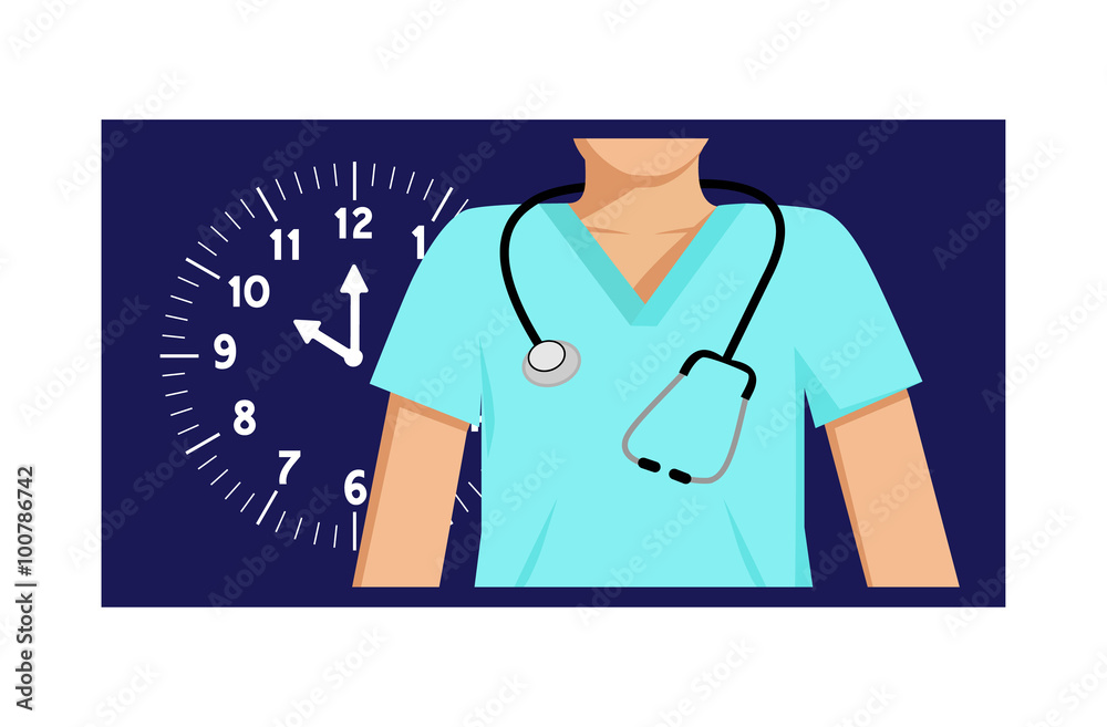 Flat vector image of a doctor with a clock behind him and a night-time ...