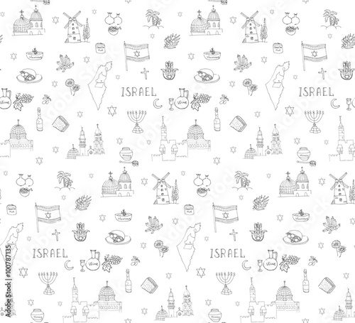 Seamless background, set of hand drawn Israel icons, Jewish sketch illustration, doodle elements, Isolated national elements made in vector. Travel to Israel icons for cards and web pages