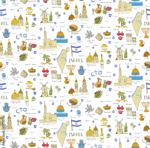 Seamless background, set of hand drawn Israel icons, Jewish sketch illustration, doodle elements, Isolated national elements made in vector. Travel to Israel icons for cards and web pages