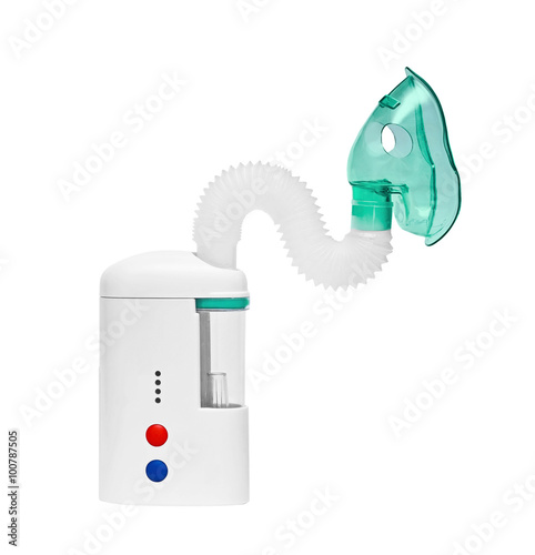 Medical ultrasonic inhaler, nebuliser, nebular with mask. Respiratory medicine. Asthma breathing treatment. Bronchitis, asthmatic health equipment. Illness care, isolated on the white background