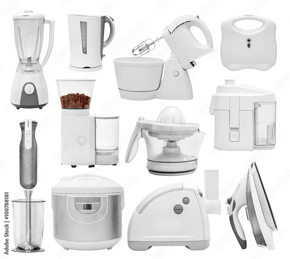 Set of different types of devices (blender, grinder, mill, multi cooker, crock-pot, multivarka, disassembled, mincer, hasher, extractor, squeezer, mixer, iron) isolated on white Stock 写真 | Adobe Stock