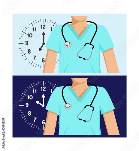 Flat vector images of two doctors with a clocks behind them - one with a day-time background and the other a night-time background photo