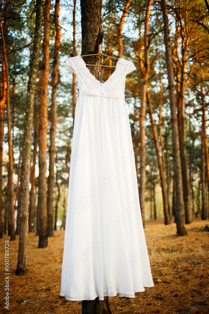 white wedding dress hanging on a wood 