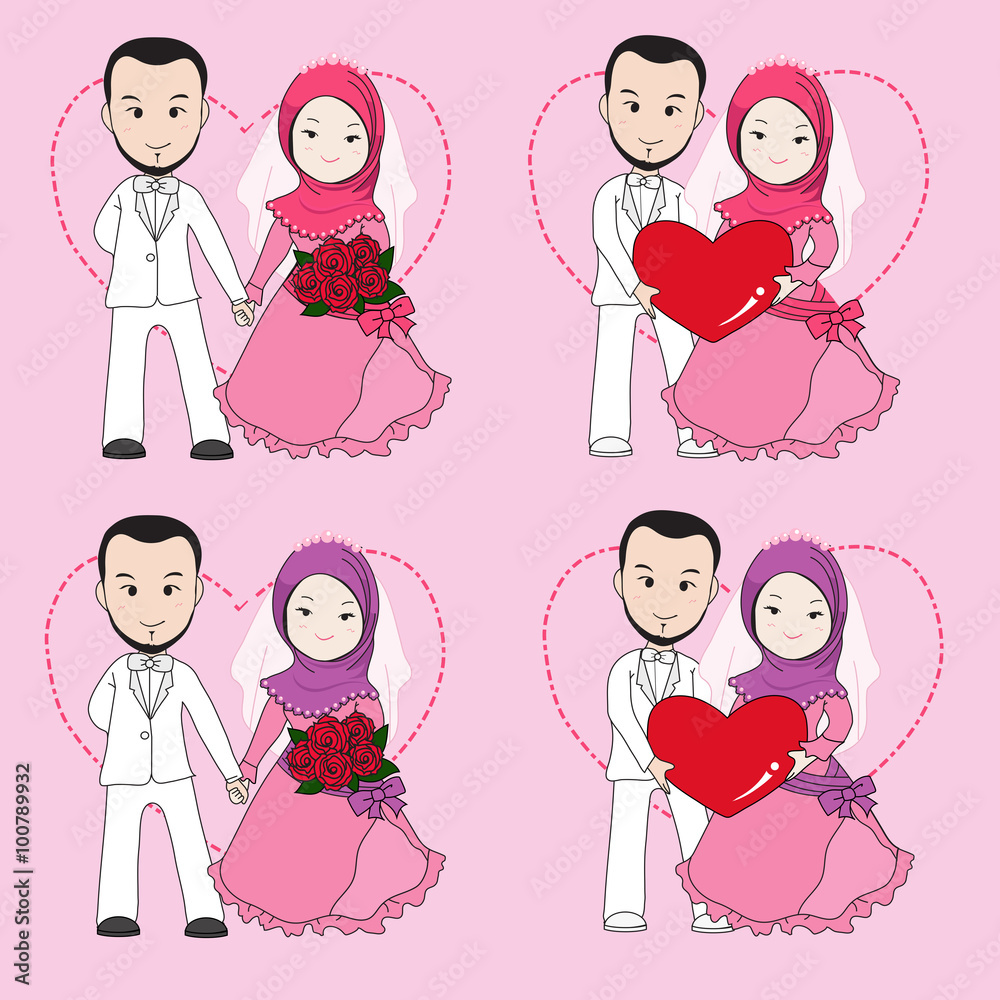 Muslim wedding couple, bride and groom holding each other's hand with happy face. Muslim wedding couple, bride and groom holding each other's hand with happy face.