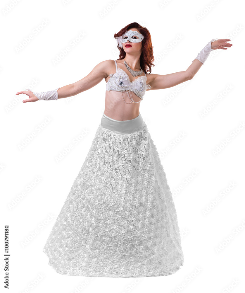 Carnival dancer girl wearing a mask dancing, isolated on white Carnival dancer girl wearing a mask dancing, isolated on white