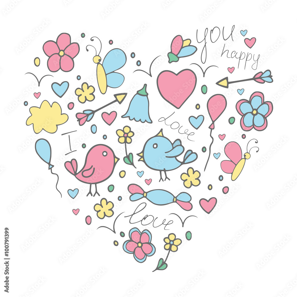 Romantic hand drawn doodle vector concept in love with birds and