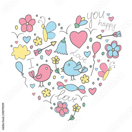 Romantic hand drawn doodle vector concept in love with birds and