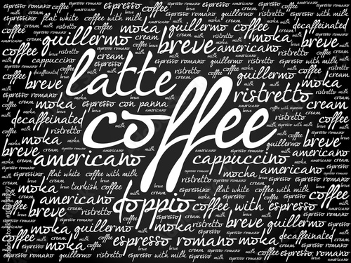 List of coffee drinks words cloud, poster background
