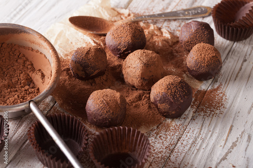 chocolate truffles sprinkled with cocoa powder close-up. horizontal
 photo