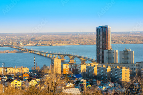 beautiful landscape of river Volga with bridge and view on Sarat photo