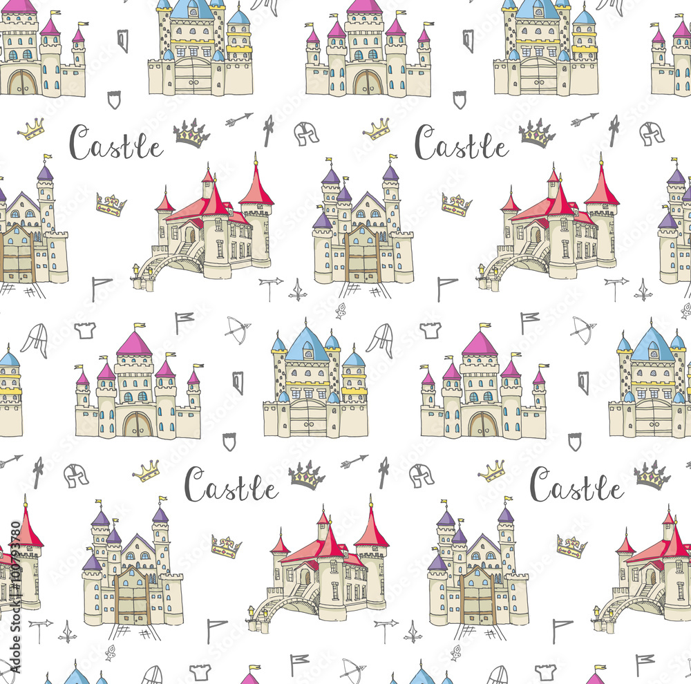 Seamless background of set of hand drawn cartoon fairy tale castle icons, castle doodle vector sketch 