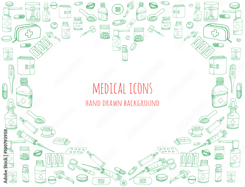 Set of health care and medicine hand drawn icons, doodle medical elements, vector background with wellness freehand drawings. Vector sketch illustration