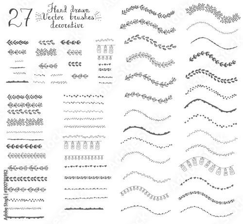 Set of hand drawn floral decorative vector brushes with inner and outer corner tiles. Dividers, borders, ornaments. Sketch, decoration doodle elements, Natural vector brushes.