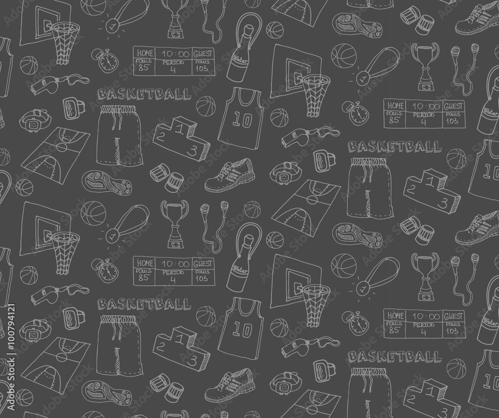 Naklejka premium Seamless background of hand drawn doodle basketball set. Vector illustration. Sketchy sport related icons, basketball elements, ball, hoop, net, basket, sport wear, sport shoes