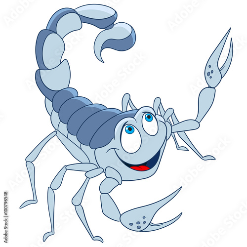 cute and happy but poisonous cartoon scorpio is crawling and smiling, isolated on a white background