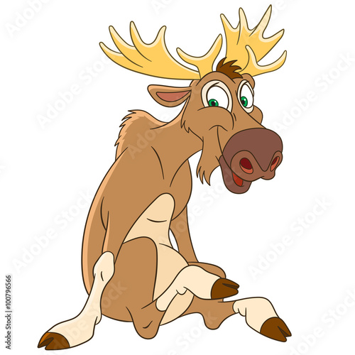 cute and happy cartoon moose or Eurasian elk with big horns, isolated on a white background