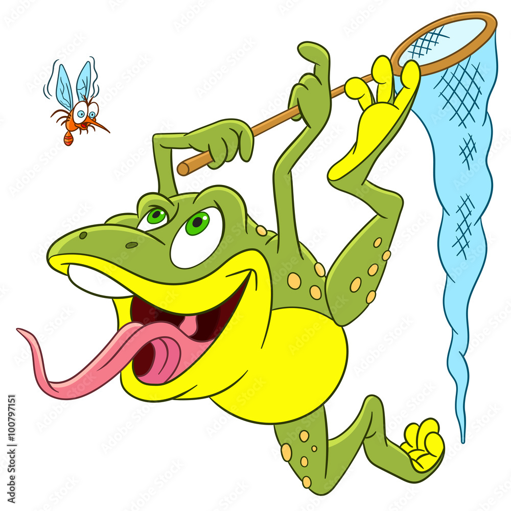 cute happy and hungry cartoon frog is trying to catch a scared mosquito  with the help of insect-net, isolated on a white background Stock Vector