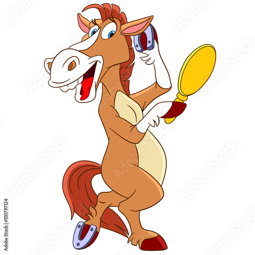 cute and lovely girlish cartoon horse is looking in the mirror and correcting it's hairstyle, isolated on a white background