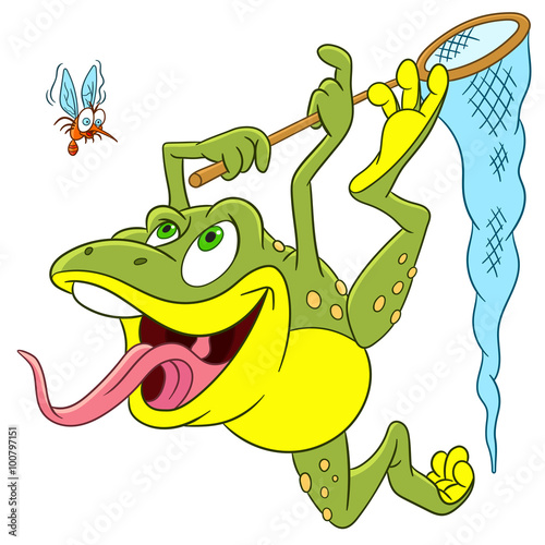 cute happy and hungry cartoon frog is trying to catch a scared mosquito with the help of insect-net, isolated on a white background