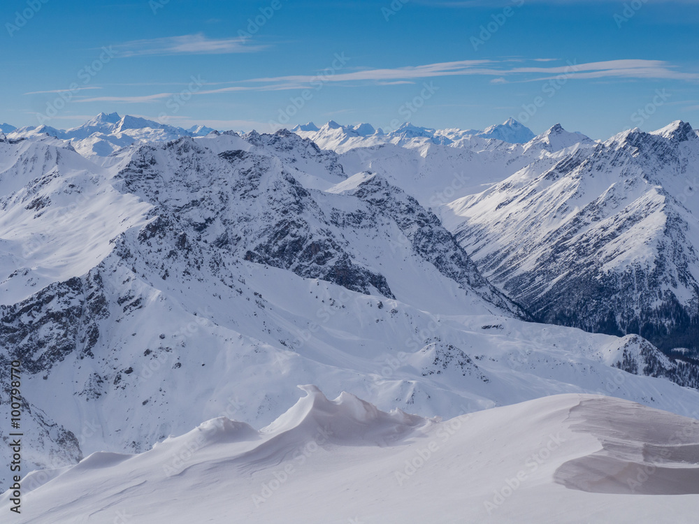 Mountains in the Parsenn area, ski resort Weissfluhgipfel in Davos, Switzerland