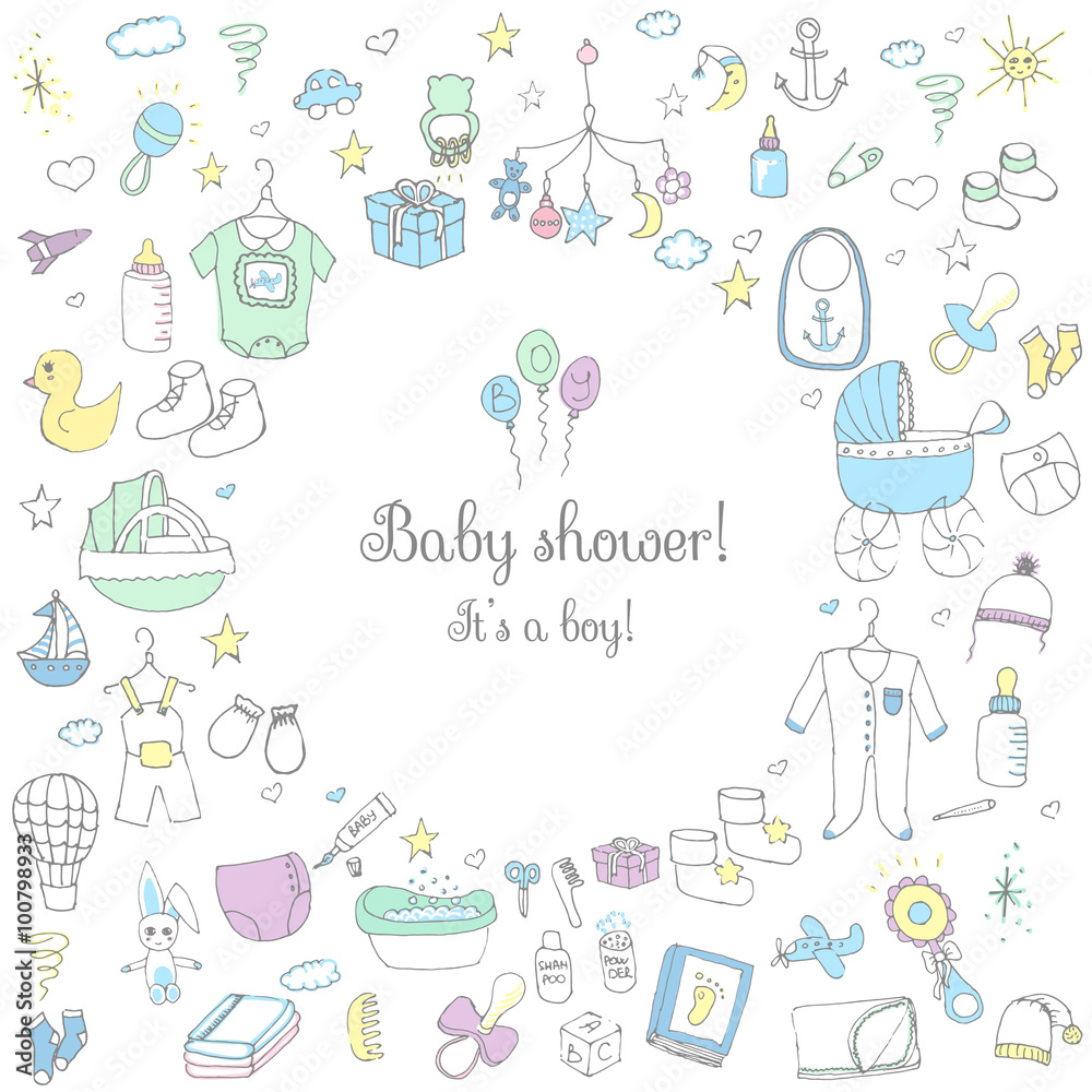 Set of baby shower design vector illustration icons, hand drawn baby care elements, Baby boy shower design icons, children's boy clothing, toy, bib, nappy, carriage, socks, bottle, baby foot print