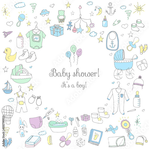 Set of baby shower design vector illustration icons, hand drawn baby care elements, Baby boy shower design icons, children's boy clothing, toy, bib, nappy, carriage, socks, bottle, baby foot print