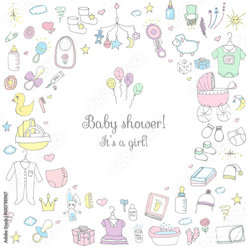 Set of baby shower design vector illustration icons, hand drawn baby care elements, Baby girl shower design icons, children's girl clothing, toy, bib, nappy, carriage, socks, bottle, baby foot print